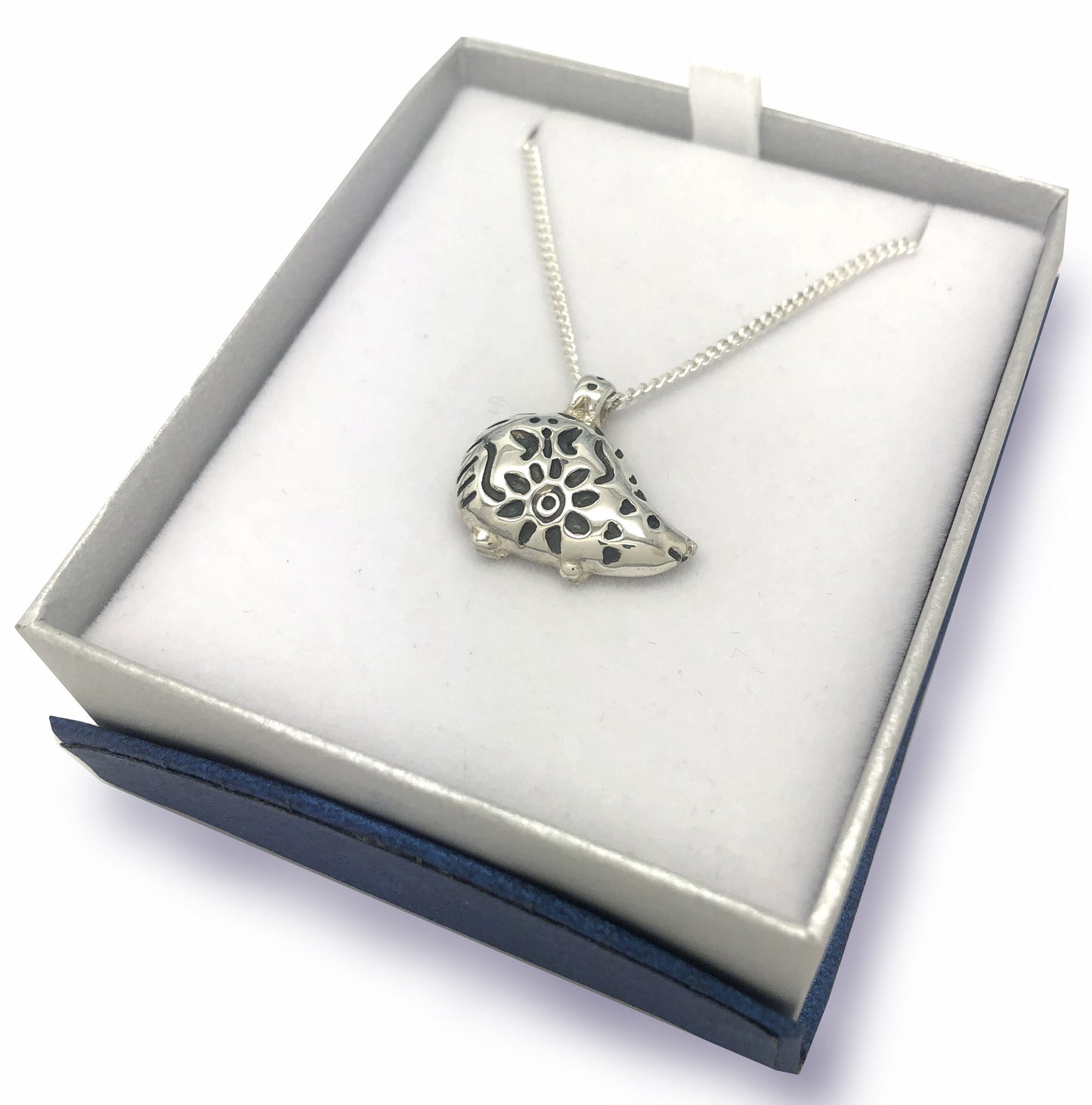 Hedgehog Pendant, Sterling Silver, pretty flower and butterfly design, hallmarked, UK made, Gift Boxed