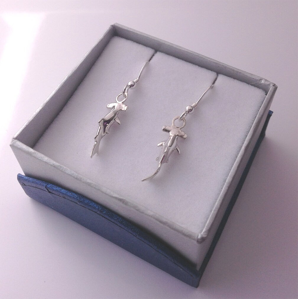 Sterling Silver Hammerhead Shark Drop Earrings.