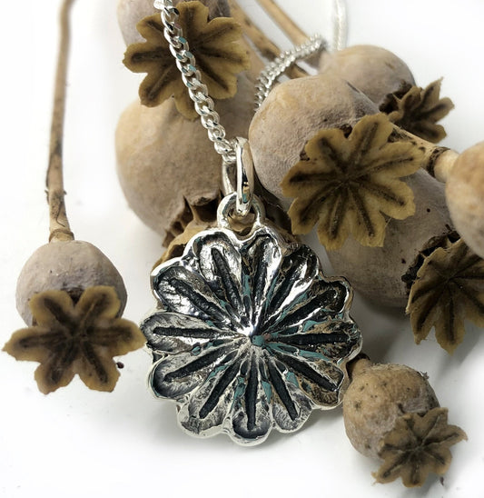 Poppy seedpod print pendant. Unique.  Hallmarked silver.  Perfect gift for fan of  gardens, wildlife and nature.